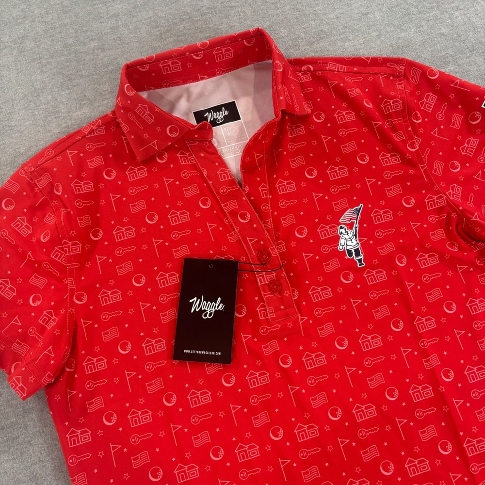 Waggle Golf Polo Shirt Womens Small Red Patriotic Firefighter Golfing Top NWT